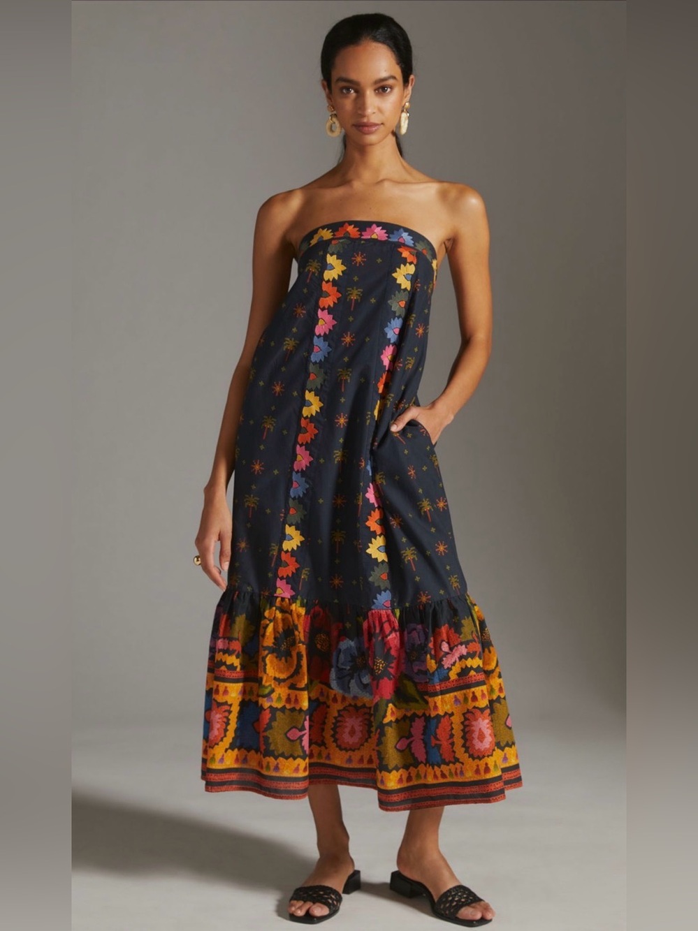 Farm Rio Anthropologie For Embroidered Maxi Dress Black Embroidery Size Small